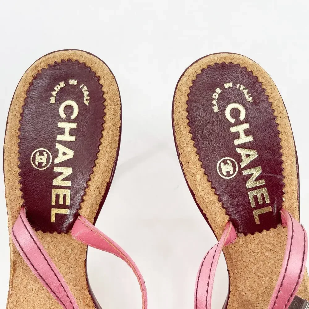 Chanel Vintage Pink Double Strap Satin Bow Cork Sole Slide Sandal Heels EU 38